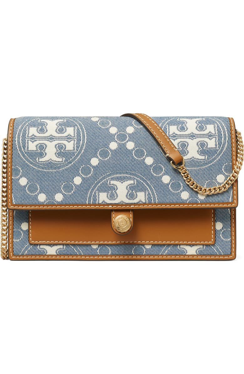 Tory Burch T Monogram Denim Wallet on a Chain, Main, color,