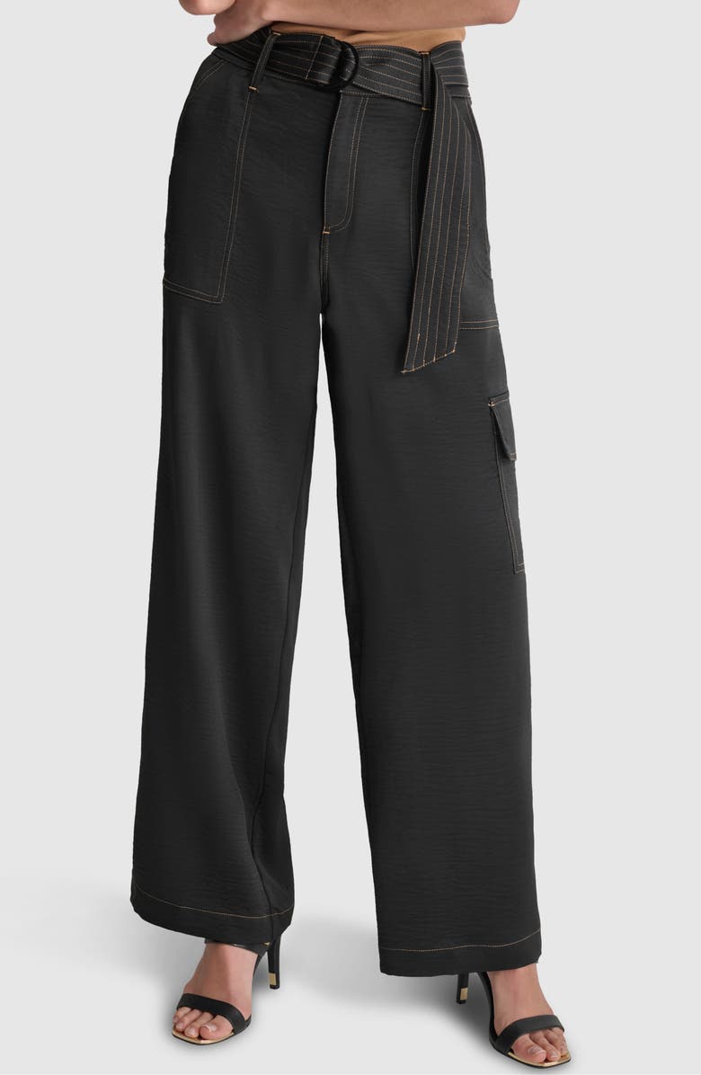 DKNY Contrast Stitch Belted Cargo Wide Leg Pants, Main, color, 