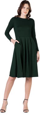 24seven Comfort Apparel Midi Length Fit N Flare Pocket Dress