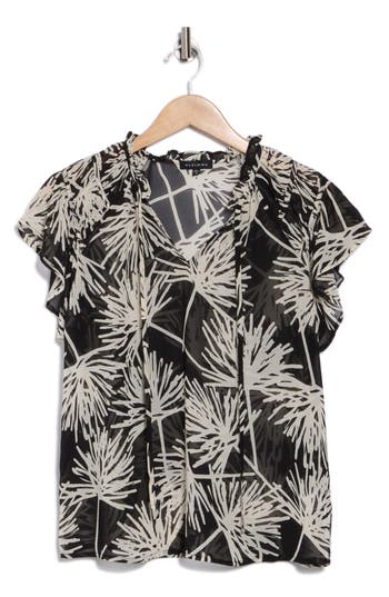 Pleione Flutter Sleeve Split Neck Top In Black/ecru Daisy