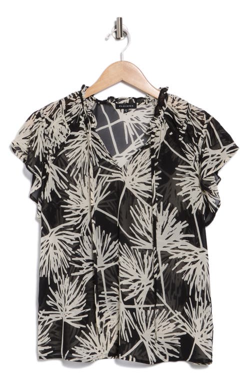 Pleione Flutter Sleeve Split Neck Top In Brown
