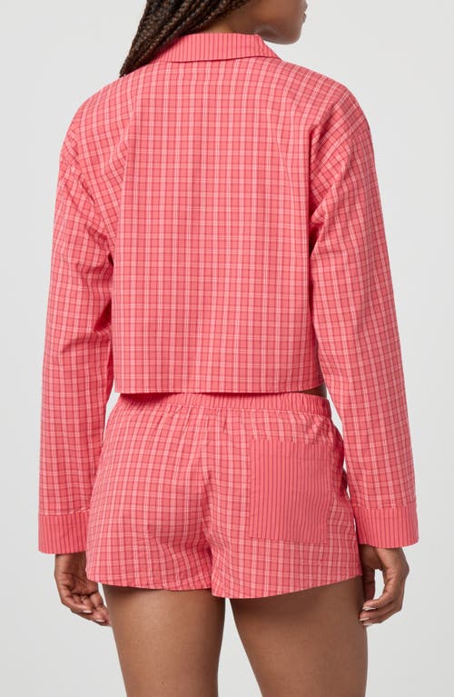 Florence By Mills Micro Plaid Crop Stretch Cotton Button-up Shirt In Pink