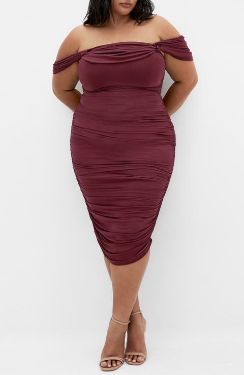 Jazmin Off the Shoulder Ruched Mesh Dress (Plus)