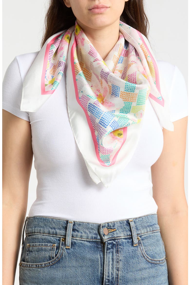 Floral Monogram Silk Square Scarf, Main, color, BONE/ PINK