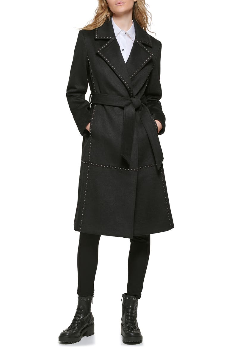 Stud Detail Wool Blend Wrap Coat, Main, color, BLACK