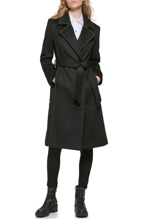 Stud Detail Wool Blend Wrap Coat