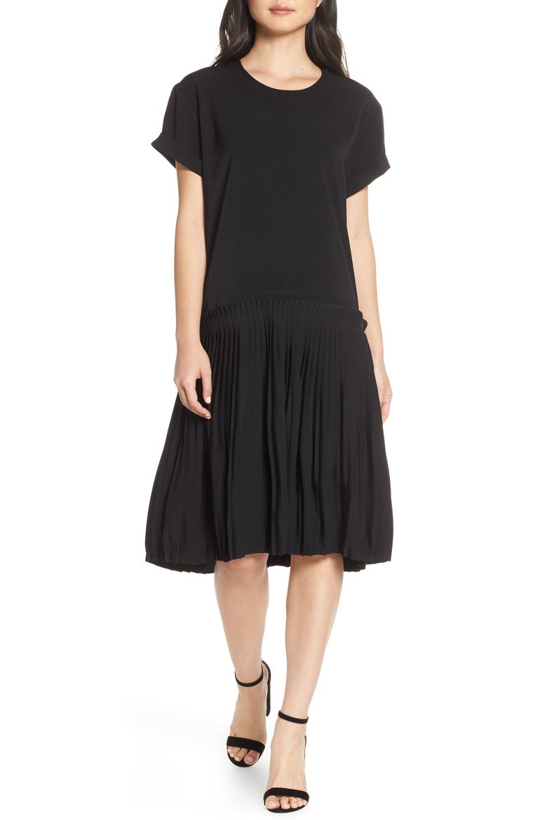 Crystal Pleated Drop Waist Shift Dress, Main, color, BLACK