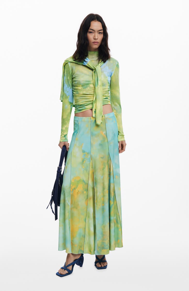 Desigual Print Godet Maxi Skirt, Alternate, color, Blue/ Green