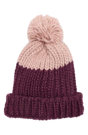 Vince Camuto Two-tone Pompom Beanie In Burgundy