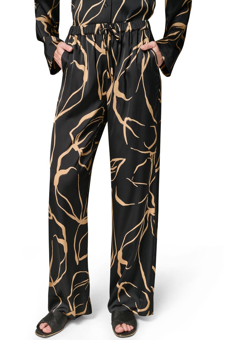 Print Wide Leg Satin Pants, Alternate, color, BLACK/ FAWN