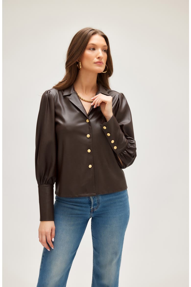 Faux Leather Button-Up Shirt, Alternate, color, BROWN