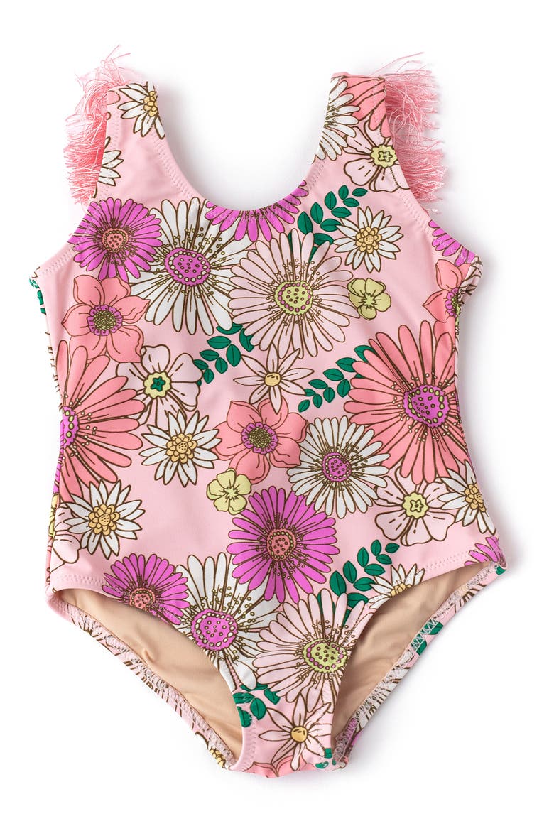 Kids' Retro Blossom Fringe Back One-Piece Swimsuit, Main, color, PINK