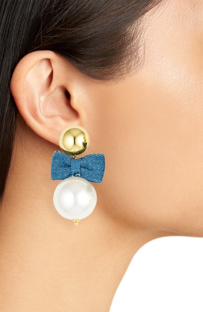 Lele Sadoughi Bow & Imitation Pearl Drop Earrings, Alternate, color, Light Denim