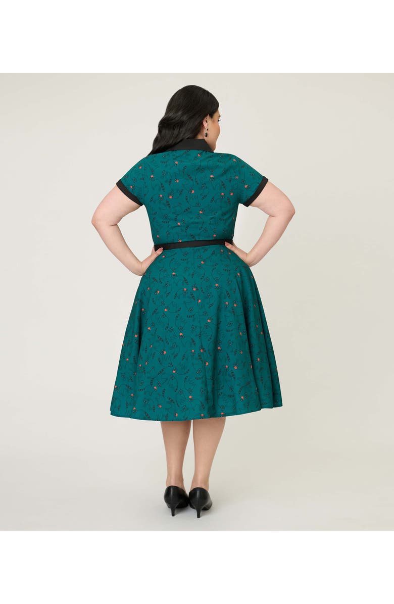 Unique Vintage Plus Size Collared Short Sleeved Belted Alexis Swing Dress, Alternate, color, Teal Raccoon Print