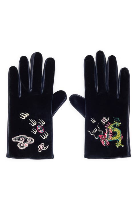 Dragon Embroidered Velvet & Leather Gloves