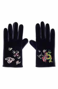 Gucci Dragon Embroidered Velvet & Leather Gloves
