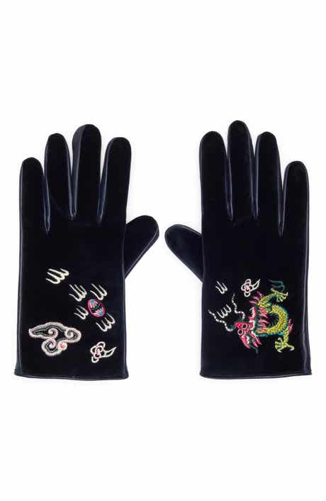Gucci Dragon Embroidered Velvet & Leather Gloves