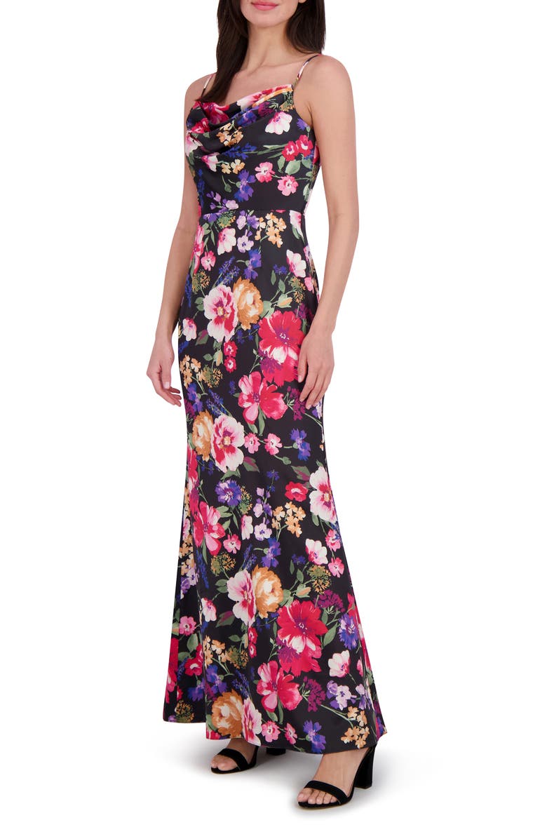 Vince Camuto Print Cowl Neck Satin Gown, Alternate, color, Black Multi