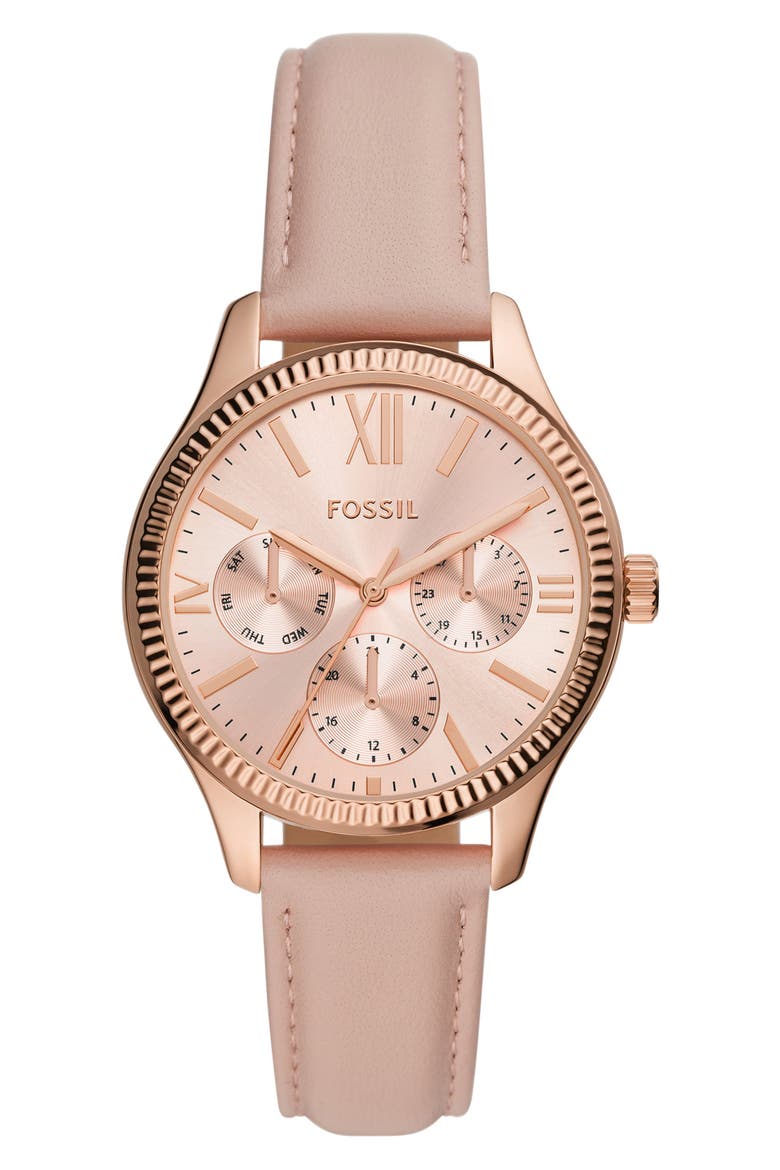 Rye Quartz Multifunction Leather Strap Watch, 36mm, Main, color, ROSE GOLD