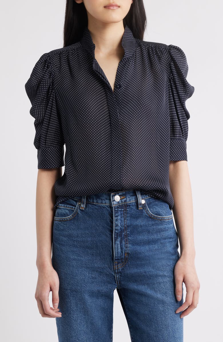 FRAME The Gillian Puff Sleeve Silk Blouse, Main, color, Navy Multi