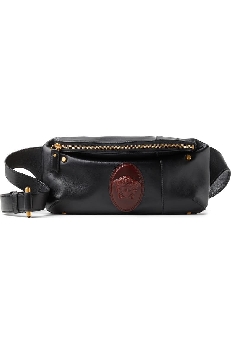 Versace First Line Small La Medusa Leather Belt Bag, Main, color, Black Rosewood-Gold