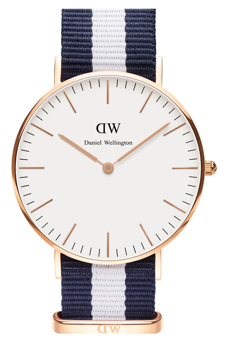 'Classic Glasgow' NATO Strap Watch, 40mm, Main, color, BLUE/ WHITE/ ROSE GOLD