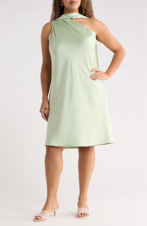 One-Shoulder Satin Shift Dress with Scarf (Plus)