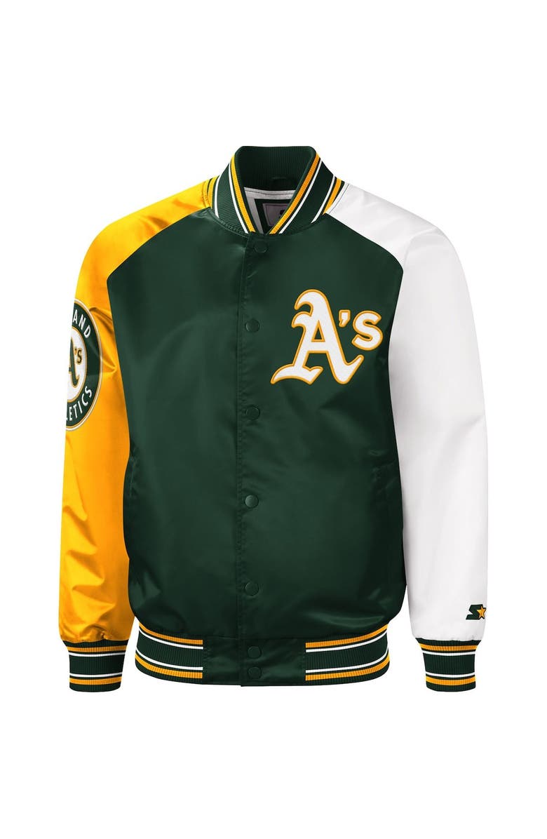 STARTER Men's Starter Green/Gold Oakland Athletics Reliever Varsity Satin Raglan Full-Snap Jacket, Alternate, color, 