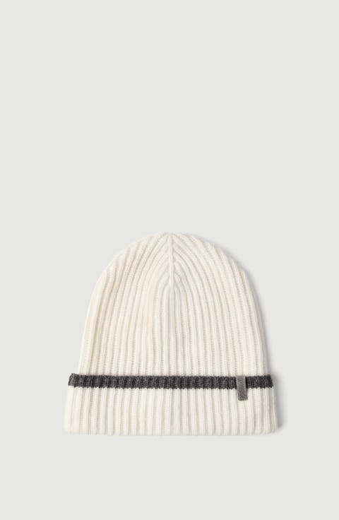 Cashmere English rib knit beanie with monili