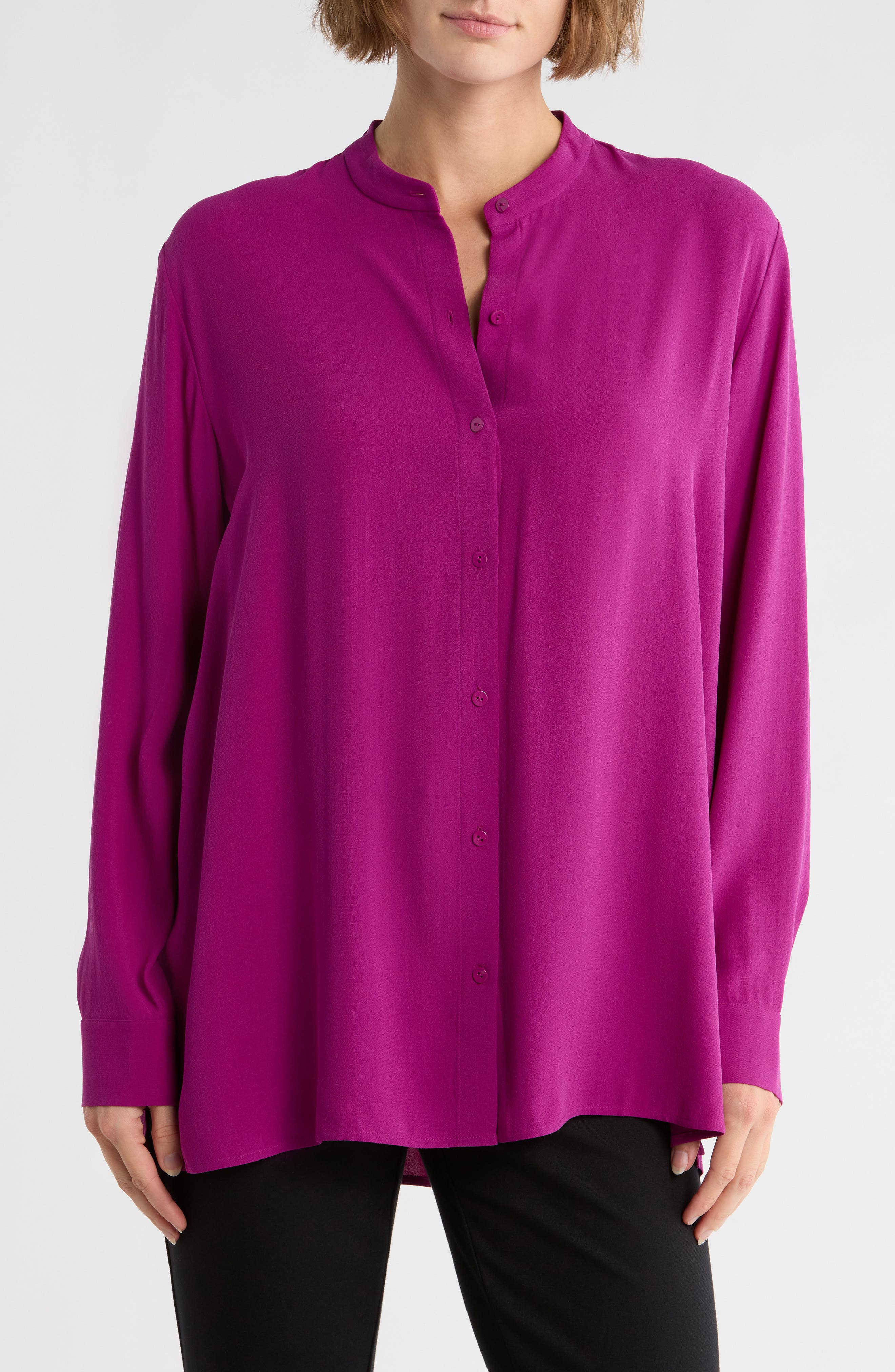 Eileen Fisher Band Collar Silk Button-Up Shirt
