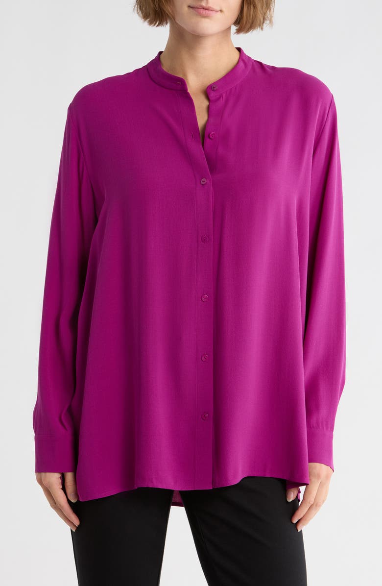 Eileen Fisher Band Collar Silk Button-Up Shirt, Main, color, Berry Bloom