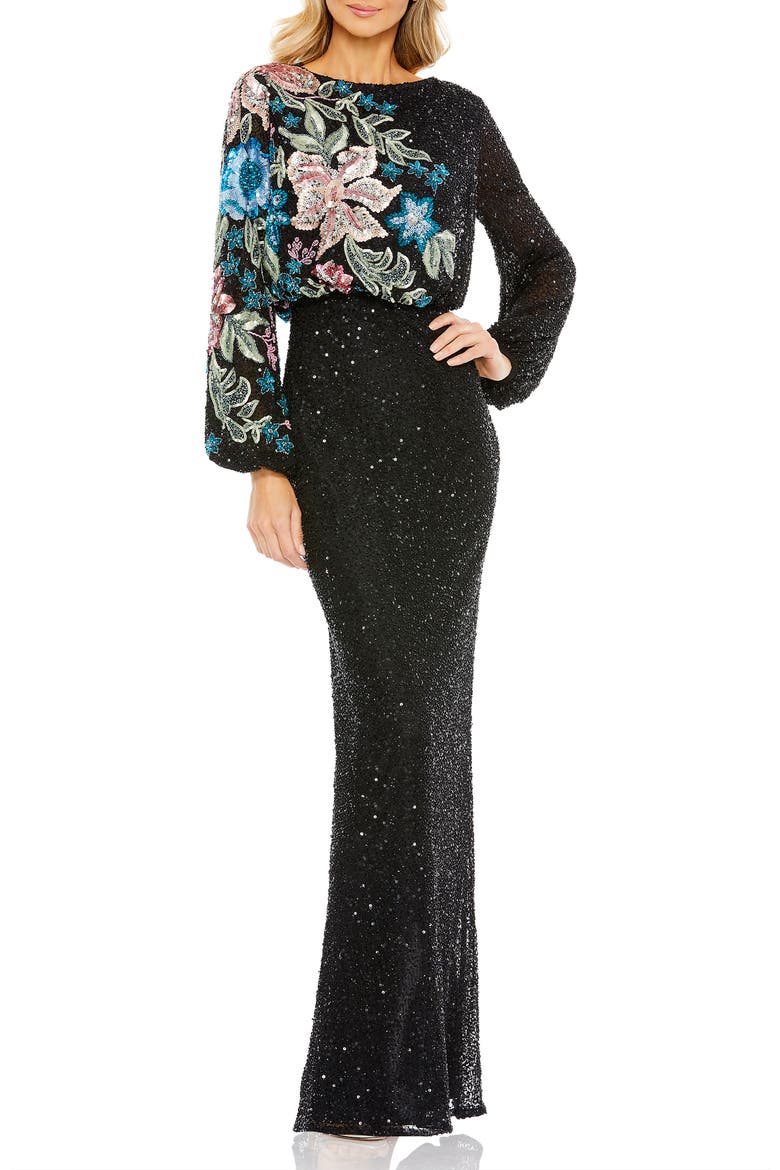 Embellished Multi Color Floral High Neck Gown, Alternate, color, Midnight