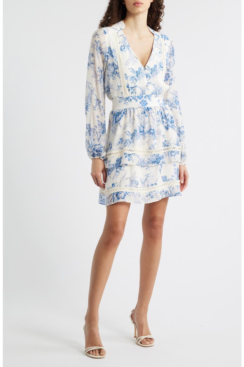 Floral Long Sleeve Tiered Minidress, Main, color, BLUE FLORAL