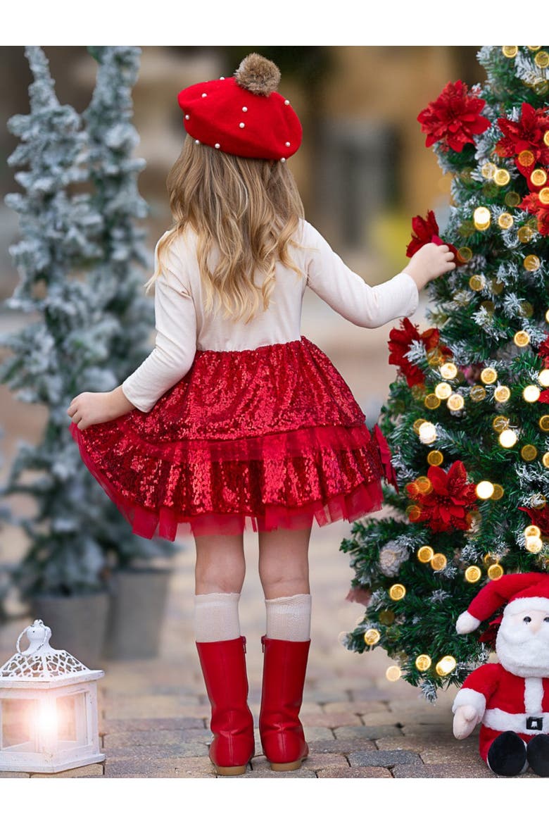 Sparkling Reindeer Sequin Long Sleeve Tutu Dress, Alternate, color, Red