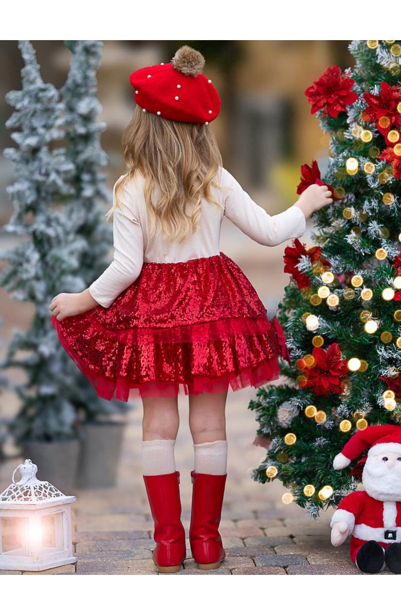 Mia Belle Girls Sparkling Reindeer Sequin Long Sleeve Tutu Dress, Alternate, color, Red