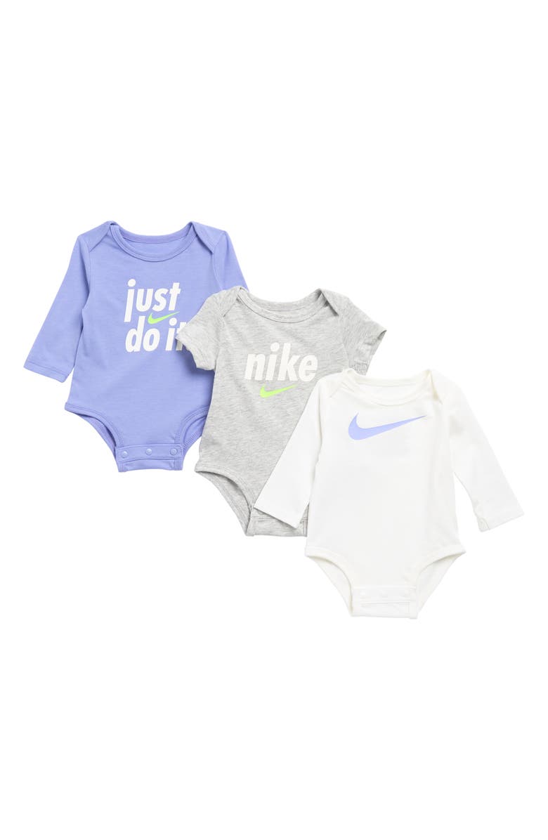 Nike 3-Pack Assorted Long Sleeve Bodysuits, Main, color, 