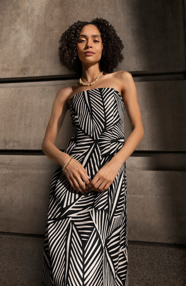 Nordstrom Strapless Linen Blend Midi Dress, Alternate, color, Black- Beige Palmed