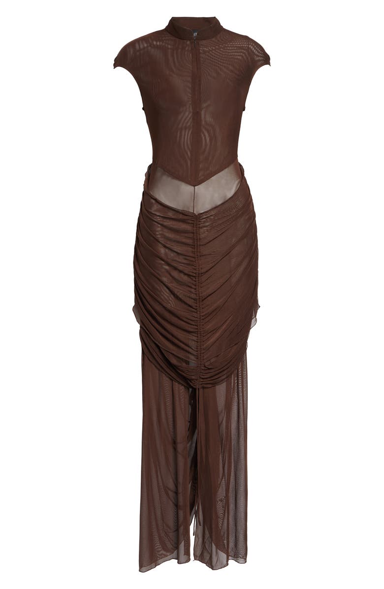 KIM SHUI Anai Ruched Stretch Mesh Dress, Main, color, Brown