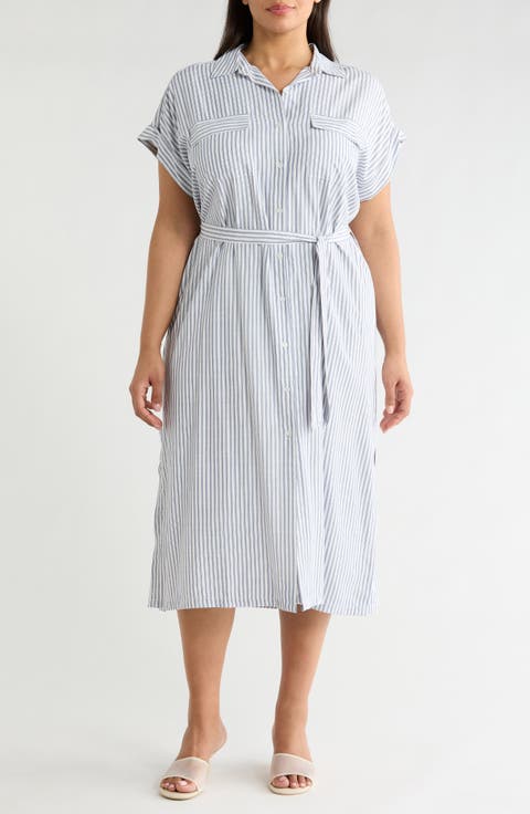 Short Sleeve Belted Maxi Shirtdress (Plus)
