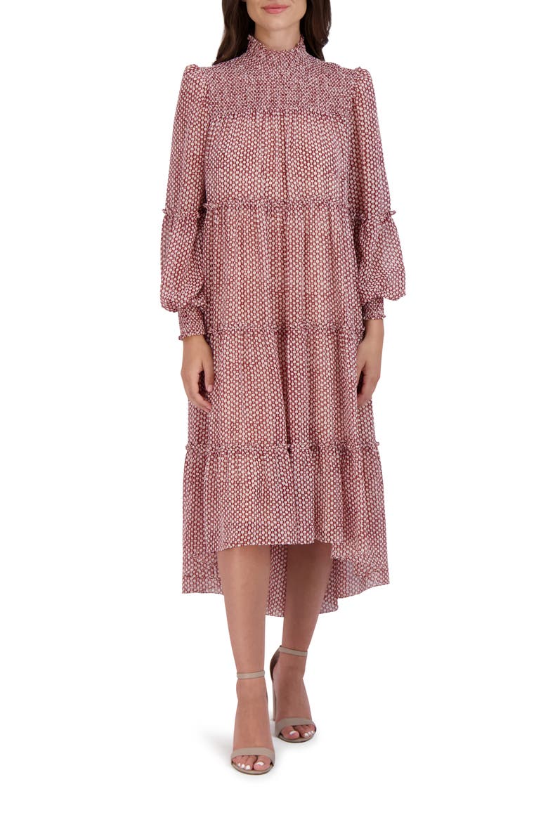 Smocked Tiered Long Sleeve High-Low Dress, Main, color, RED/ IVORY