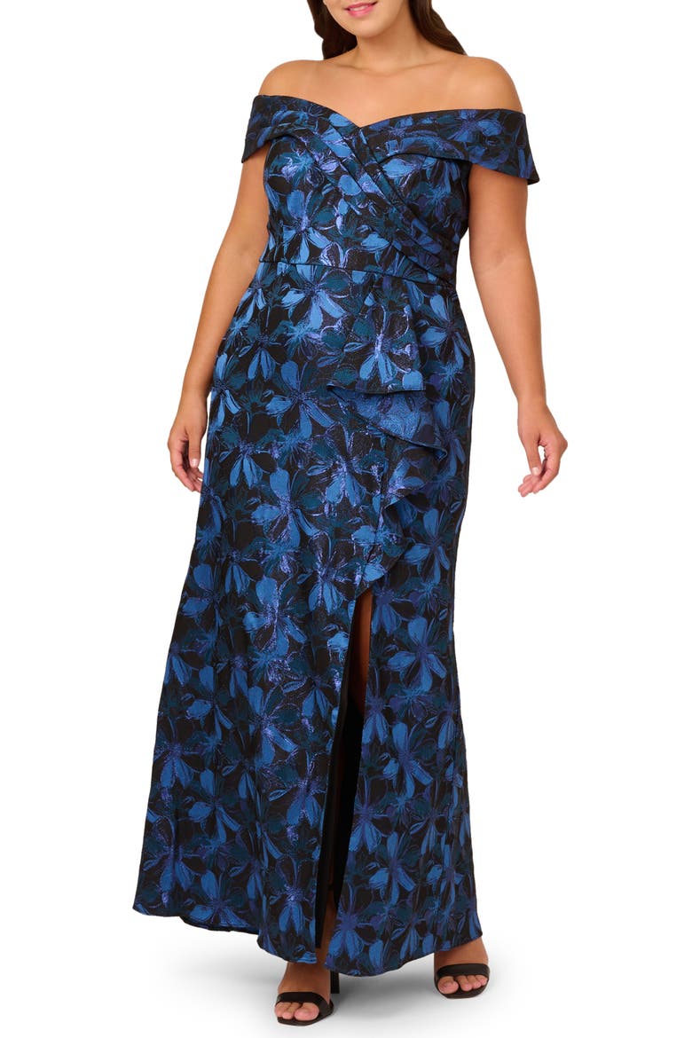 Metallic Floral Jacquard Off the Shoulder Gown, Main, color, BLUE MULTI