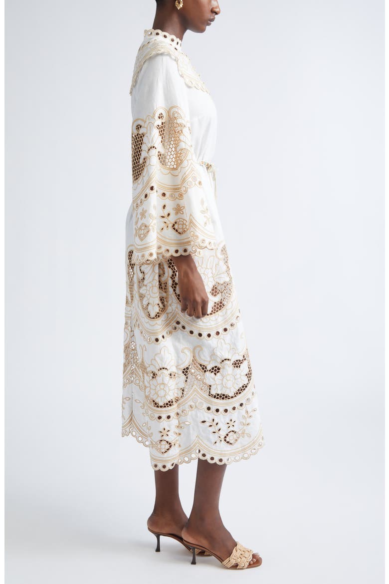 Scalloped Eyelet Trim Belted Linen Midi Dress, Alternate, color, IVORY