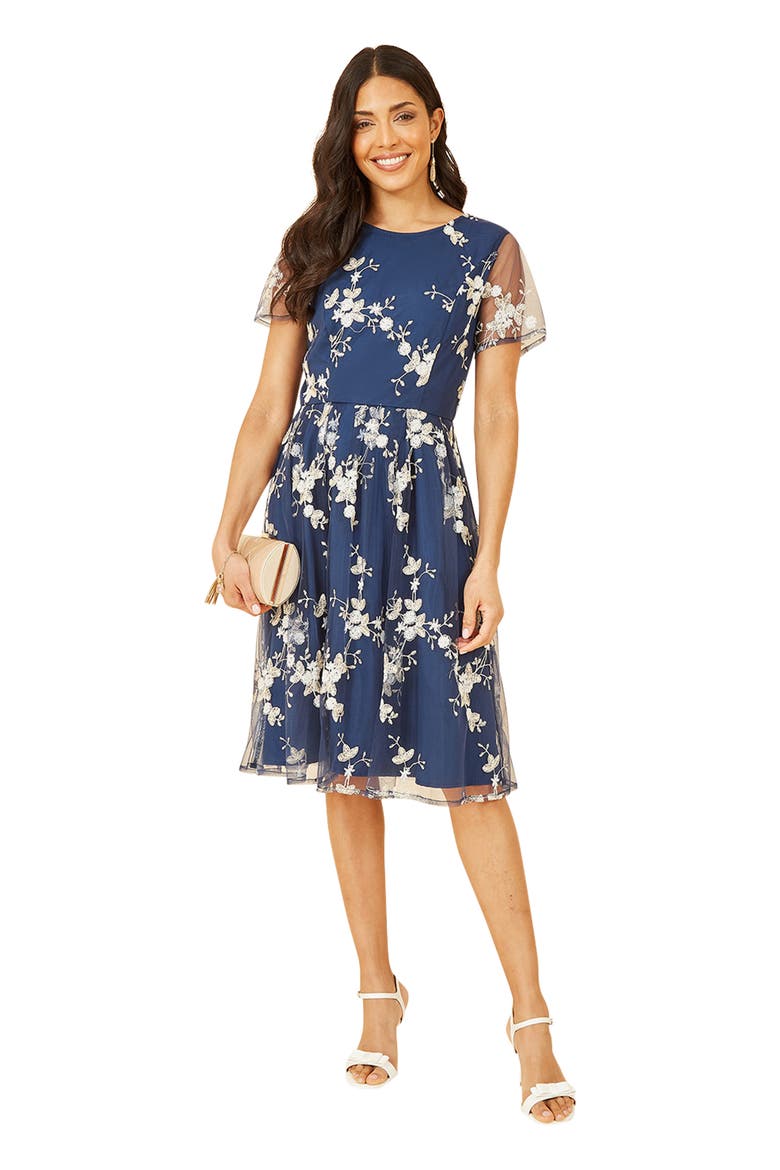 Embroidered Floral Skater Dress, Main, color, Navy