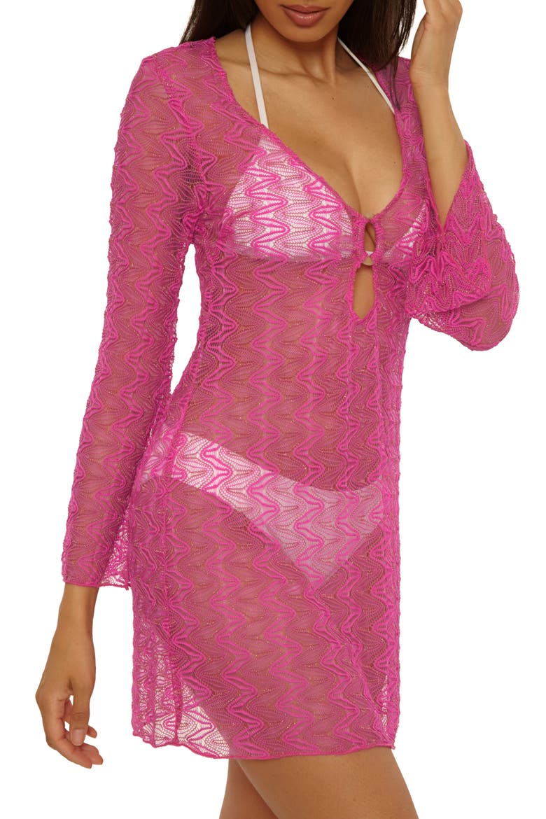 Golden Riviera Long Sleeve Open Knit Cover-Up Tunic, Alternate, color, ROSE BERRY