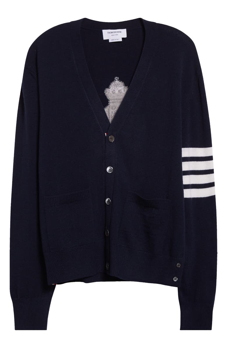 Thom Browne Holiday Hector Nutcracker 4-Bar Virgin Wool Cardigan, Alternate, color, Navy