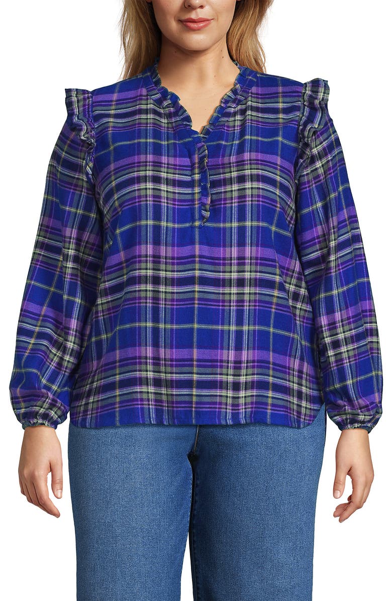 Lands' End Ruffle Front Flannel Popover Blouse, Main, color, Cobalt Blue/Bright Grape Plaid