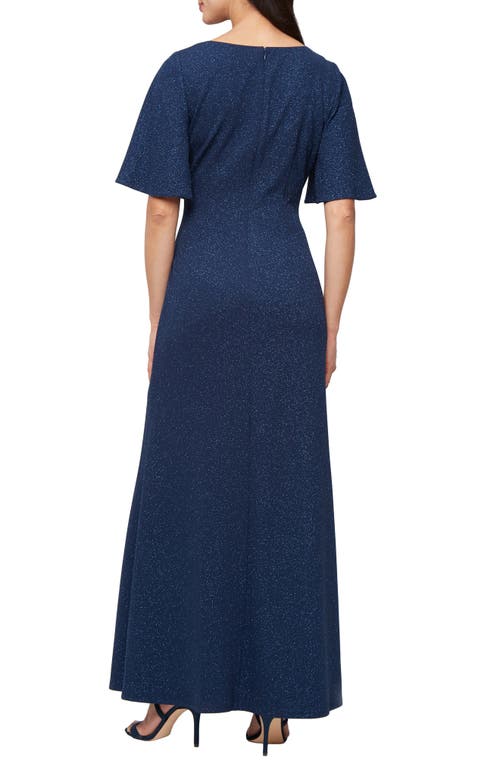 Shop Sl Fashions Glitter Ruched Flutter Sleeve Gown In Navy