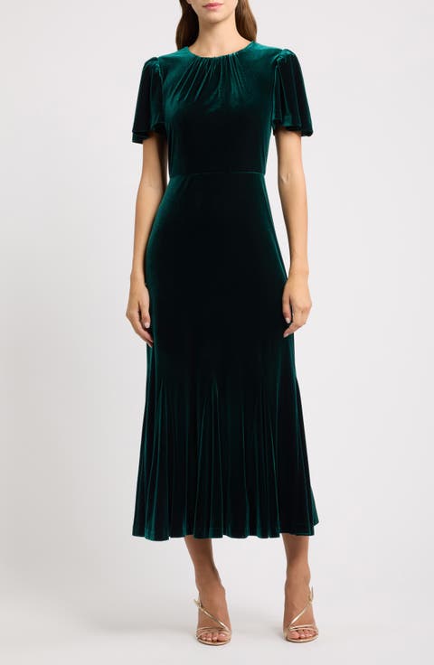 Flutter Sleeve Velvet Midi Dress