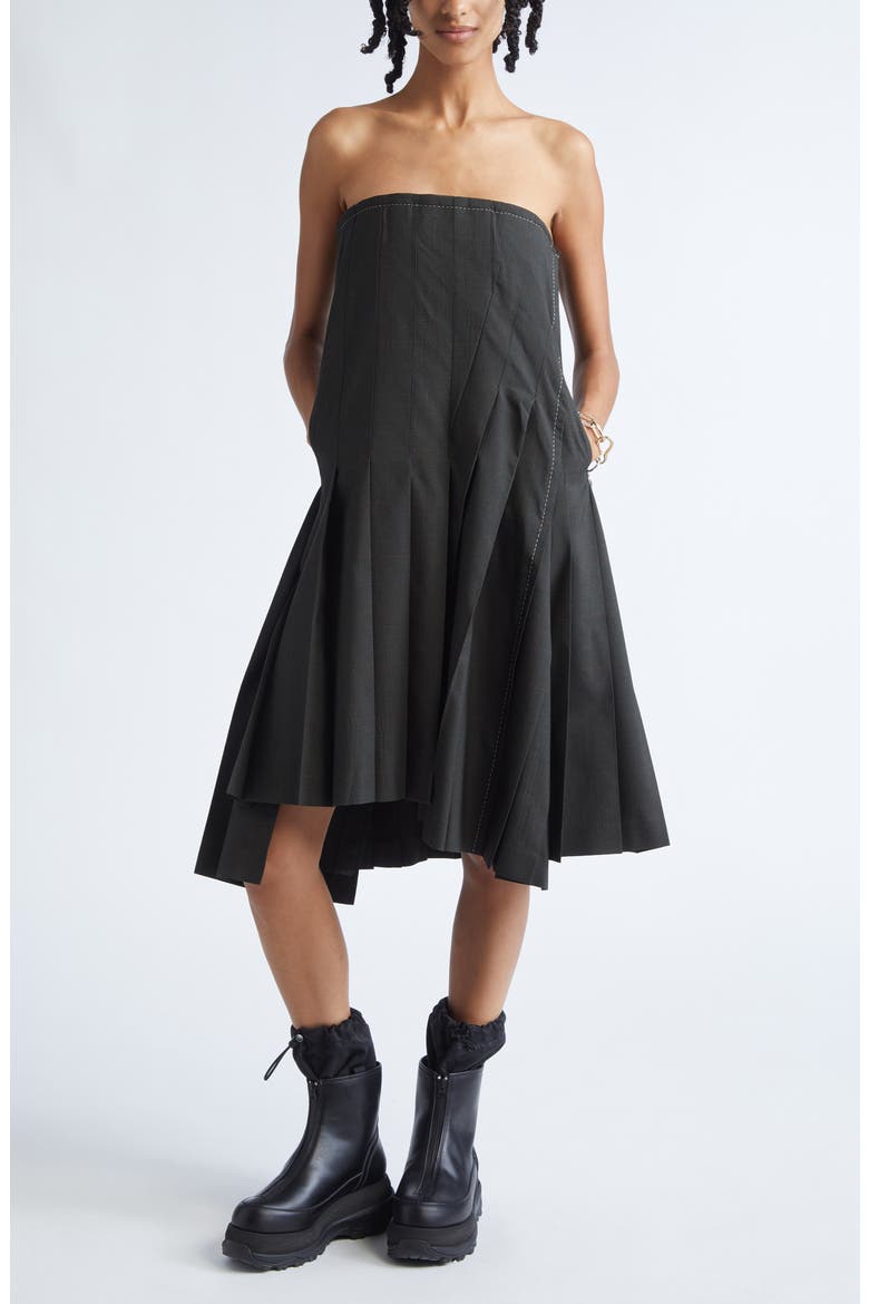 Glen Plaid Mixed Media Strapless Dress, Main, color, KHAKI