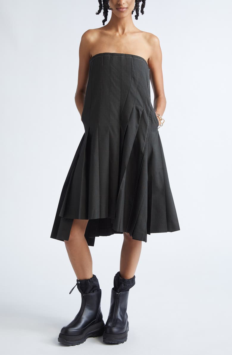 Sacai Glen Plaid Mixed Media Strapless Dress, Main, color, Khaki